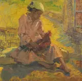 Youssef Kamel, Jeune fille et son coq, huile sur panneau