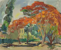 Jardin de villa, Boulaq (Le Caire), 1945 by Ashod Zorian, huile sur panneau, sold Jun 2024