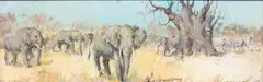 Paul Daxhelet, Eléphants dans la savane, huile sur panneau