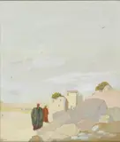 Renzo Daforno, Deux hommes en bordure de désert, aquarelle