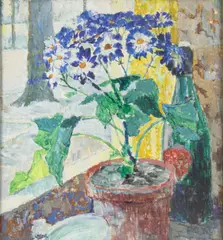 Astéracées bleues en fleurs by Léon Londot, technique mixte sur carton, sold Jun 2024