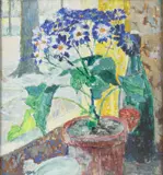 Léon Londot, Astéracées bleues en fleurs, technique mixte sur carton