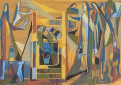 Colette Bitker, Femmes au puit, 1966, aquarelle et pastel gras