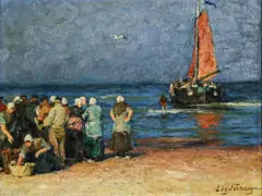 Edgard Farasyn, Scène de plage animée, huile sur panneau