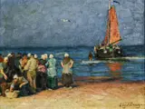 Edgard Farasyn, Scène de plage animée, huile sur panneau