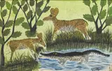 Sans titre (Crocodile et antilopes), 1958 by Kabinda Kunkulu Victor, huile sur panneau, sold Apr 2024