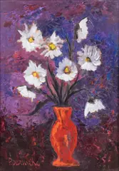 Paul Permeke, Composition au bouquet et vase rouge, huile sur panneau