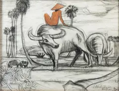 André Maire, Paysage aux buffles et vietnamien, fusain et pastel sur papier