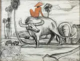 André Maire, Paysage aux buffles et vietnamien, fusain et pastel sur papier