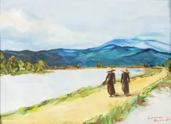Luong Xuan Nhi, Scène animée en bord de rivière, huile sur carton