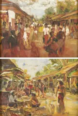 Victor Tardieu, Paire de scènes de marché au Vietnam (esquisses), gouache et pastel sur carton. Signés au dos
