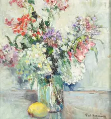 Paul Hagemans, Composition au bouquet de fleurs et citron, huile sur isorel
