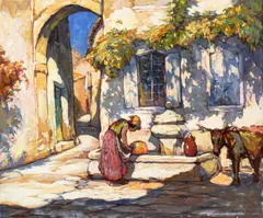 Charles Bisschops, Femme à la fontaine, Espagne, huile sur panneau