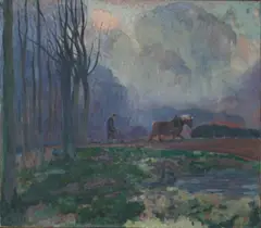 Edmond Verstraeten, Paysan labourant, 1928, huile sur toile