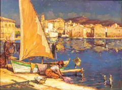 Charles Bisschops, Lavandière au port, huile sur toile