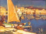 Charles Bisschops, Lavandière au port, huile sur toile