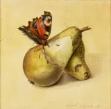 Laurent Reypens, Papillon et poire, 1976, huile sur panneau