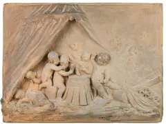 Gilles-Lambert Godecharle, Putti jouant aux cartes sous une tente, 1770, bas relief en terre cuite