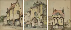 Amédée Lynen, Trois vues de ville, Bruxelles?, encre et aquarelle