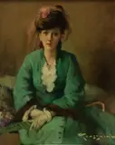 Fernand Toussaint, Portrait d'élégante à l'ombrelle et au chapeau, huile sur carton toilé