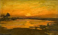 Théodore Baron, Coucher de soleil, huile sur toile
