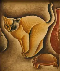 Vincente De Rego Monteiro, Le Chat et la tortue, technique mixte sur papier, marouflé sur panneau. Signé en bas à gauche