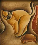 Vincente De Rego Monteiro, Le Chat et la tortue, technique mixte sur papier, marouflé sur panneau. Signé en bas à gauche