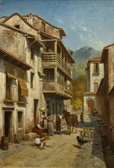 Jacques Carabain, Rue animée à Orta, Lac d'Orta, Italie, vers 1885, huile sur toile