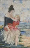 Roboa Pissarro, Mère et enfant sur la plage, huile sur panneau