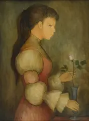 Guy Seradour, Jeune fille à la rose, huile sur toile
