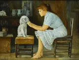 Guy Seradour, Jeune fille et son caniche, Huile sur toile