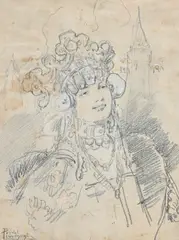 Etude de portrait de femme by Henri Privat-Livemont, crayon et rehauts de gouache, sold Jun 2023