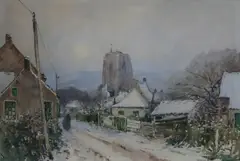 Edouard Elle, Paysage flamand sous la neige, aquarelle