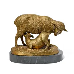 Emile Désiré Lienard, Mouton et agneau, sculpture en bronze à patine dorée, socle en marbre gris