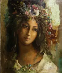 Guy Cambier, Portrait de jeune fille à la couronne de fleurs, huile sur toile