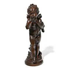 Angelot aux roses by Auguste Moreau, sculpture en bronze à patine brune, sold Apr 2023