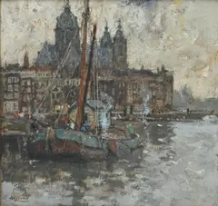 Henri Cassiers, Le port d'Amsterdam, gouache sur carton