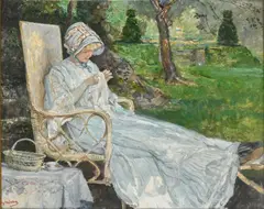 Charles Michel, Femme à sa broderie, huile sur panneau