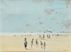 Cécile De Coene-samain, Scène de plage à Knokke, huile sur toile