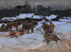 Stepan Kolesnikov, Scène animée sous la neige, huile sur toile marouflée sur panneau