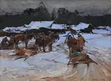 Stepan Kolesnikov, Scène animée sous la neige, huile sur toile marouflée sur panneau