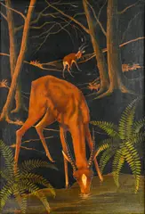 Jules Jambers, Paysage aux antilopes, vers 1920, panneau laqué
