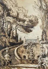 Maurice de Lambert, Vue de jardin avec la montagne Sainte Victoire, 1927, encre brune sur papier