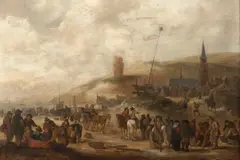 Klaes Molenaer, Vue d'une plage avec des marchands de poissons, Panneau de chêne, deux planches, non parqueté