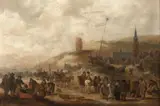 Klaes Molenaer, Vue d'une plage avec des marchands de poissons, Panneau de chêne, deux planches, non parqueté
