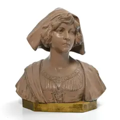 Richard Aurili, Buste de jeune femme, sculpture en terre cuite patinée