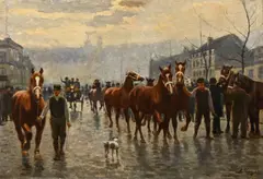 Alexandre Clarys, Le marché aux chevaux, place de la Duchesse de Brabant, huile sur toile marouflée sur panneau