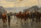 Alexandre Clarys, Le marché aux chevaux, place de la Duchesse de Brabant, huile sur toile marouflée sur panneau