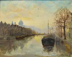 Ferdinand Coenraets, Vue de canal à Amsterdam, huile sur toile