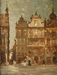 Henri Logelain, Vue animé de la Grand Place de Bruxelles, huile sur panneau
